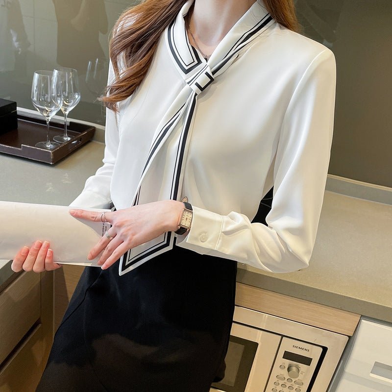 Commuter Printed Tie-neck Shirt For Women $46.85 Dana Fashion Color: White Size: L Women's clothing Product information: Fabric name: Polyester Color: White Size: S,M,L,XL,XXL Popular elements: contrast color Style: pullover Style: casual style Craft: col