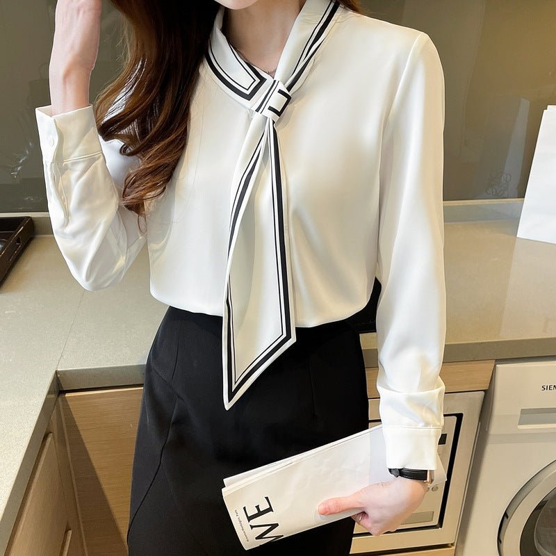 Commuter Printed Tie-neck Shirt For Women $46.85 Dana Fashion Color: White Size: L Women's clothing Product information: Fabric name: Polyester Color: White Size: S,M,L,XL,XXL Popular elements: contrast color Style: pullover Style: casual style Craft: col