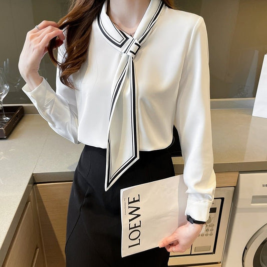 Commuter Printed Tie-neck Shirt For Women $46.85 Dana Fashion Color: White Size: L Women's clothing Product information: Fabric name: Polyester Color: White Size: S,M,L,XL,XXL Popular elements: contrast color Style: pullover Style: casual style Craft: col