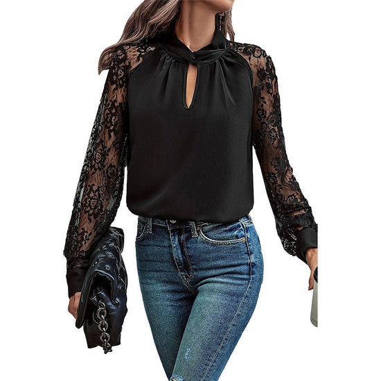 Commuter's All-matching Lace Stitching Long-sleeved Top $39.99 Dana Fashion Color: P2color Size: L Women's clothing Product information: Color: LC25129886-P2 Size: S,M,L,XL Version: Regular Style type: temperament commute Popular elements: lace Style: pul