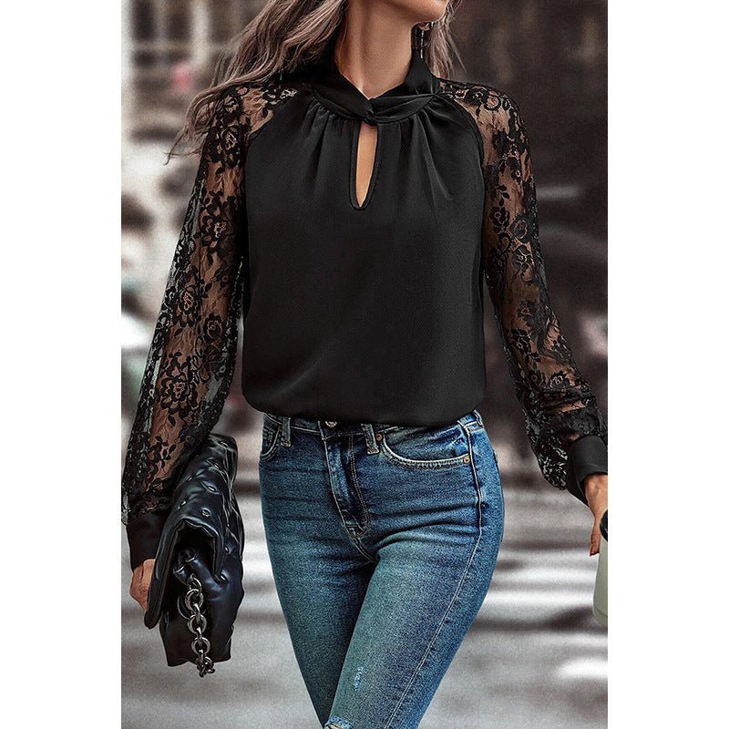 Commuter's All-matching Lace Stitching Long-sleeved Top $39.99 Dana Fashion Color: P2color Size: L Women's clothing Product information: Color: LC25129886-P2 Size: S,M,L,XL Version: Regular Style type: temperament commute Popular elements: lace Style: pul