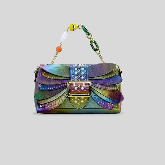 Contrast Color Heavy Industry Manual Rivet Butterfly Wings Handbag $99.00 Dana Fashion Color: Pink Women's Bags Product information: Applicable scenario: leisure travel Color: pink, purple Outer bag type: open pocket Hardness: medium hard Material: PU Sui