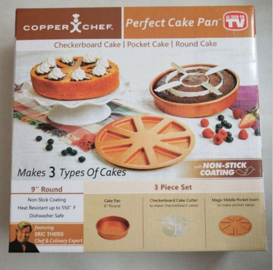 Copper Chef Perfect Cake Pan $34.12 Dana Fashion Color: Brown Dana's Kitchen Copper Chef Perfect Cake Pan Product material: titanium steel + PP Product size: mold diameter 24.8*4.3H cm Cover diameter 22.3cm Color box size: 25*25*6.7cm Single gross weight: