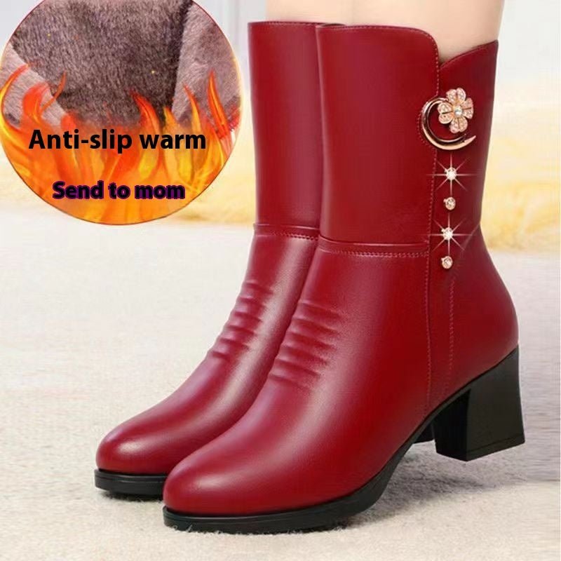 Cotton Boots Women's Soft Leather Martin Boots Mid-calf Women $35.50 Dana Fashion Color: Black Plus Velvet Size: 35 Women's shoes Product information: Pattern: solid color Lining material: PU Color: Black with velvet, red with velvet lining Upper height: