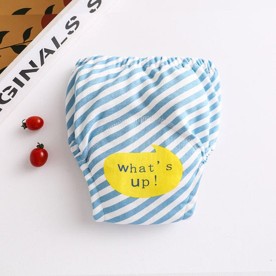 Cotton diaper pocket baby learning pants pull-up pants $15.15 Dana Fashion Color: Blue strips Size: 100 Baby Clothing Printed gauze diaper fabric: table: pure cotton lining: 4 layers of pure cotton gauze, middle: waterproof TPU+ cotton towel, actual 7 lay