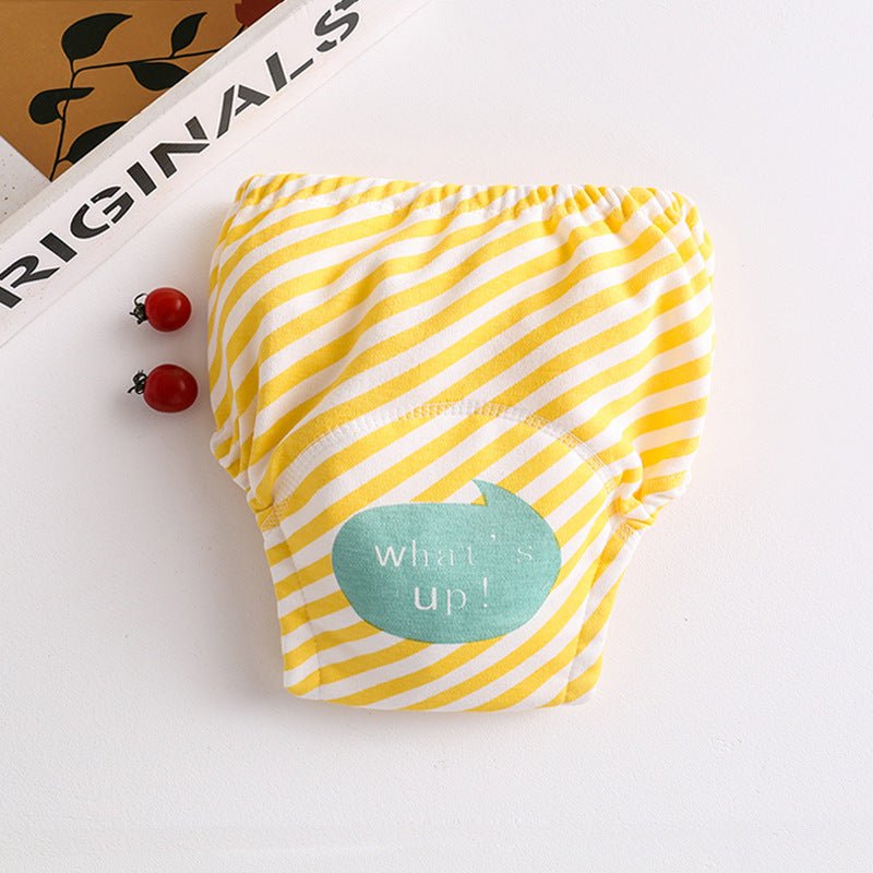 Cotton diaper pocket baby learning pants pull-up pants $15.15 Dana Fashion Color: Yellow stripes Size: 100 Baby Clothing Printed gauze diaper fabric: table: pure cotton lining: 4 layers of pure cotton gauze, middle: waterproof TPU+ cotton towel, actual 7