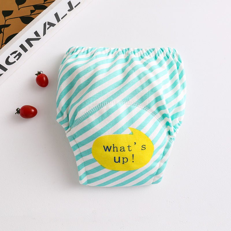 Cotton diaper pocket baby learning pants pull-up pants $15.15 Dana Fashion Color: Green stripes Size: 100 Baby Clothing Printed gauze diaper fabric: table: pure cotton lining: 4 layers of pure cotton gauze, middle: waterproof TPU+ cotton towel, actual 7 l