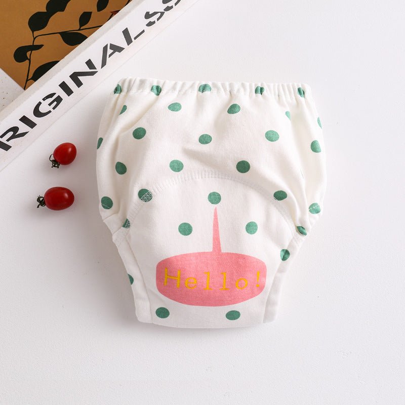 Cotton diaper pocket baby learning pants pull-up pants $15.15 Dana Fashion Color: Green wave point Size: 100 Baby Clothing Printed gauze diaper fabric: table: pure cotton lining: 4 layers of pure cotton gauze, middle: waterproof TPU+ cotton towel, actual