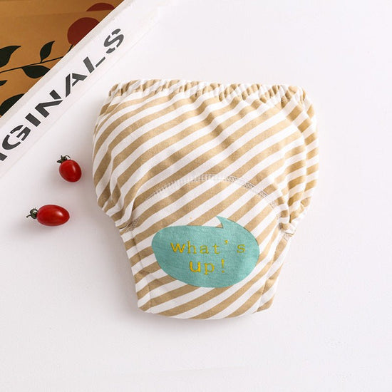 Cotton diaper pocket baby learning pants pull-up pants $15.15 Dana Fashion Color: Coffee stripes Size: 100 Baby Clothing Printed gauze diaper fabric: table: pure cotton lining: 4 layers of pure cotton gauze, middle: waterproof TPU+ cotton towel, actual 7