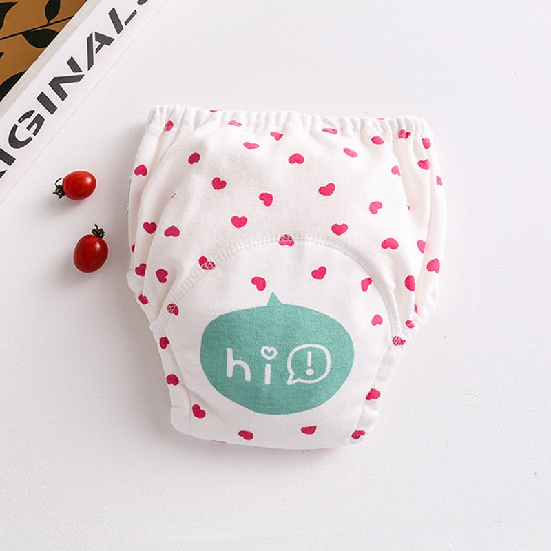 Cotton diaper pocket baby learning pants pull-up pants $15.15 Dana Fashion Color: Pink heart Size: 100 Baby Clothing Printed gauze diaper fabric: table: pure cotton lining: 4 layers of pure cotton gauze, middle: waterproof TPU+ cotton towel, actual 7 laye