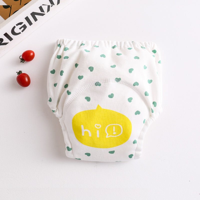Cotton diaper pocket baby learning pants pull-up pants $15.15 Dana Fashion Color: Green Heart Size: 100 Baby Clothing Printed gauze diaper fabric: table: pure cotton lining: 4 layers of pure cotton gauze, middle: waterproof TPU+ cotton towel, actual 7 lay