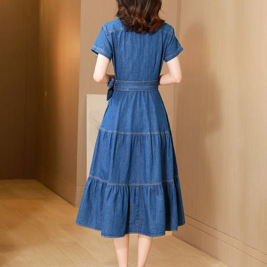 Cotton Large Hem Shirt Dress Long Skirt Denim Dress $98.50 Dana Fashion Color: Blue Size: 2XL Women's clothing Product information: Pattern: solid color Skirt type: cake dress Color: blue Waist type: high waist Size: M,L,XL,2XL,3XL Style type: temperament