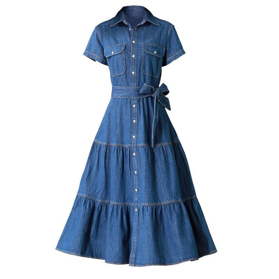 Cotton Large Hem Shirt Dress Long Skirt Denim Dress $98.50 Dana Fashion Color: Blue Size: 2XL Women's clothing Product information: Pattern: solid color Skirt type: cake dress Color: blue Waist type: high waist Size: M,L,XL,2XL,3XL Style type: temperament