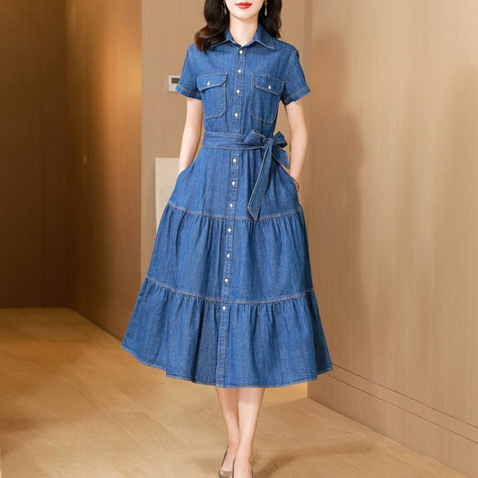 Cotton Large Hem Shirt Dress Long Skirt Denim Dress $98.50 Dana Fashion Color: Blue Size: 2XL Women's clothing Product information: Pattern: solid color Skirt type: cake dress Color: blue Waist type: high waist Size: M,L,XL,2XL,3XL Style type: temperament