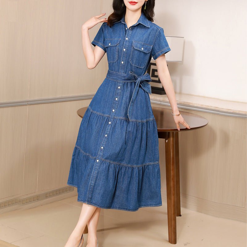 Cotton Large Hem Shirt Dress Long Skirt Denim Dress $98.50 Dana Fashion Color: Blue Size: 2XL Women's clothing Product information: Pattern: solid color Skirt type: cake dress Color: blue Waist type: high waist Size: M,L,XL,2XL,3XL Style type: temperament