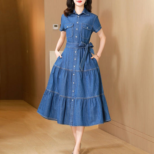 Cotton Large Hem Shirt Dress Long Skirt Denim Dress $98.50 Dana Fashion Color: Blue Size: 2XL Women's clothing Product information: Pattern: solid color Skirt type: cake dress Color: blue Waist type: high waist Size: M,L,XL,2XL,3XL Style type: temperament