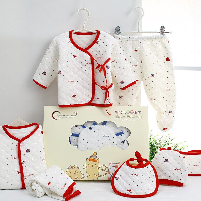 Cotton newborn clothes $24.53 Dana Fashion Color: Red thick Baby Clothing Main fabric composition: cotton size Clothing length bust Sleeve Length Pants length (package feet) Pants length (open feet) Cap width Bib width 59 29.5 26.5 22 39 37 13.5 17