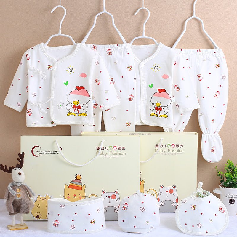 Cotton newborn clothes $24.53 Dana Fashion Color: Pink duck Baby Clothing Main fabric composition: cotton size Clothing length bust Sleeve Length Pants length (package feet) Pants length (open feet) Cap width Bib width 59 29.5 26.5 22 39 37 13.5 17