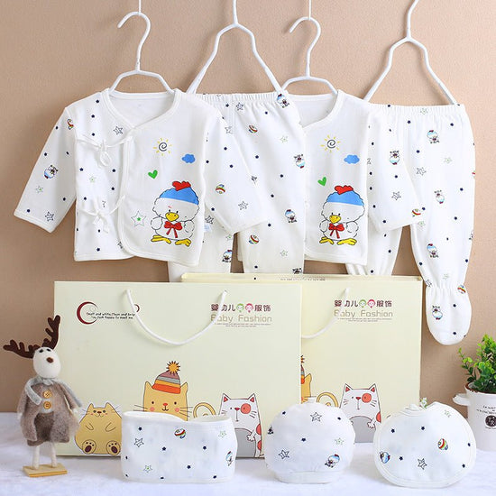 Cotton newborn clothes $24.53 Dana Fashion Color: Blue duck Baby Clothing Main fabric composition: cotton size Clothing length bust Sleeve Length Pants length (package feet) Pants length (open feet) Cap width Bib width 59 29.5 26.5 22 39 37 13.5 17