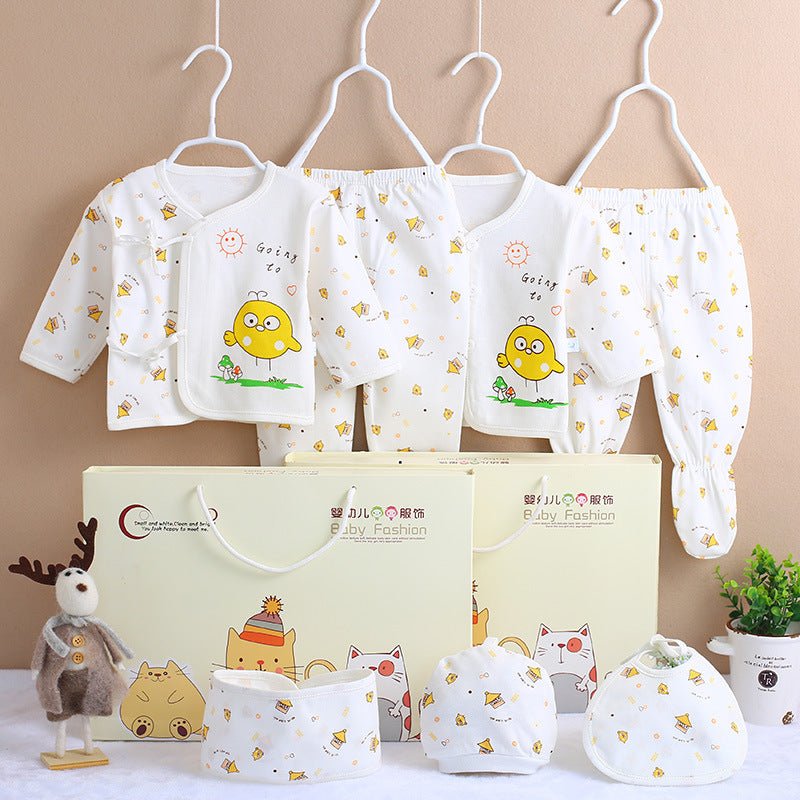 Cotton newborn clothes $24.53 Dana Fashion Color: Yellow house Baby Clothing Main fabric composition: cotton size Clothing length bust Sleeve Length Pants length (package feet) Pants length (open feet) Cap width Bib width 59 29.5 26.5 22 39 37 13.5 17