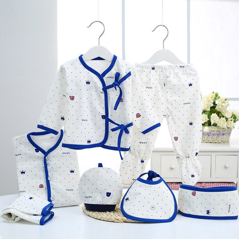 Cotton newborn clothes $24.53 Dana Fashion Color: Blue Baby Clothing Main fabric composition: cotton size Clothing length bust Sleeve Length Pants length (package feet) Pants length (open feet) Cap width Bib width 59 29.5 26.5 22 39 37 13.5 17