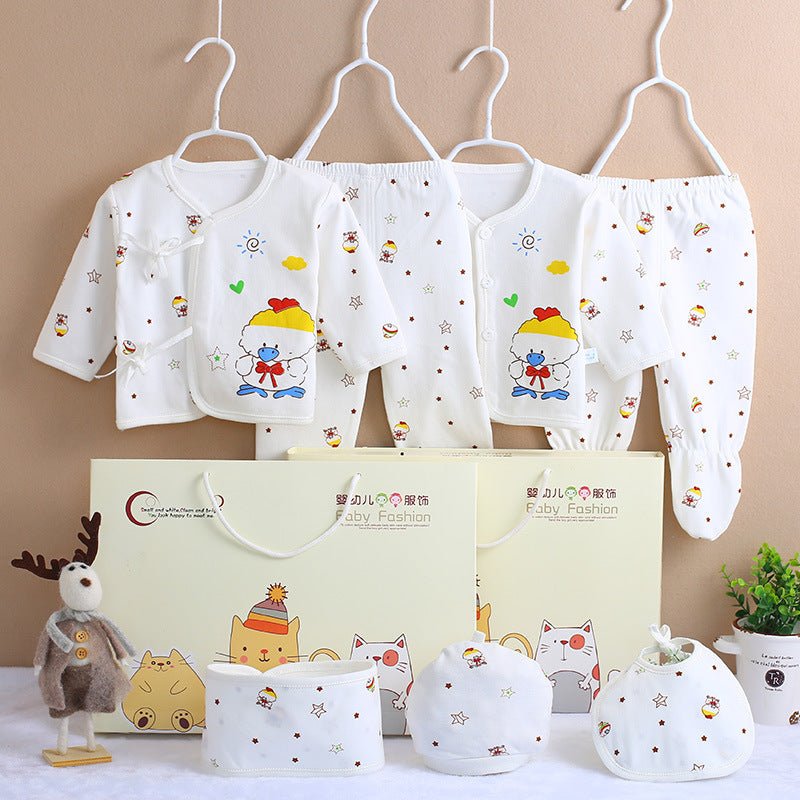 Cotton newborn clothes $24.53 Dana Fashion Color: Yellow duck Baby Clothing Main fabric composition: cotton size Clothing length bust Sleeve Length Pants length (package feet) Pants length (open feet) Cap width Bib width 59 29.5 26.5 22 39 37 13.5 17