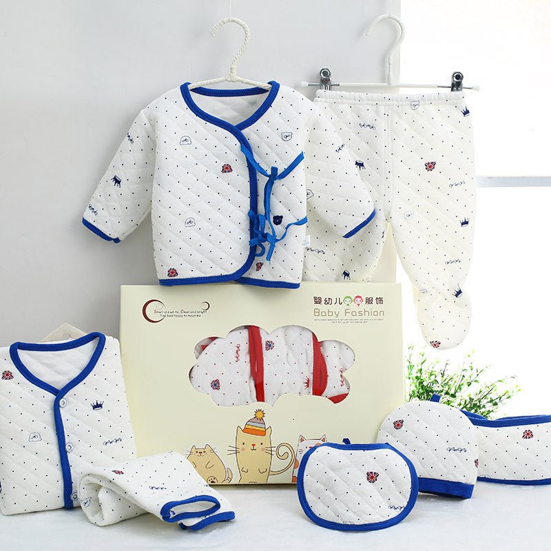 Cotton newborn clothes $24.53 Dana Fashion Color: Blue thick Baby Clothing Main fabric composition: cotton size Clothing length bust Sleeve Length Pants length (package feet) Pants length (open feet) Cap width Bib width 59 29.5 26.5 22 39 37 13.5 17