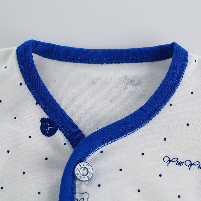 Cotton newborn clothes $24.53 Dana Fashion Color: Blue Baby Clothing Main fabric composition: cotton size Clothing length bust Sleeve Length Pants length (package feet) Pants length (open feet) Cap width Bib width 59 29.5 26.5 22 39 37 13.5 17