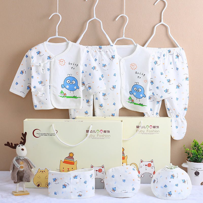 Cotton newborn clothes $24.53 Dana Fashion Color: Blue house Baby Clothing Main fabric composition: cotton size Clothing length bust Sleeve Length Pants length (package feet) Pants length (open feet) Cap width Bib width 59 29.5 26.5 22 39 37 13.5 17
