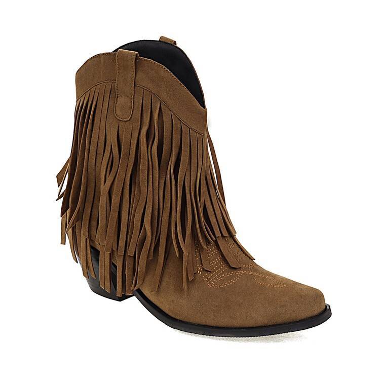 Cowboy Boot Embroidered Square Toe Chunky Heel Tassel Short Tube For Women $65.99 Dana Fashion Color: Dark Brown Size: 36 Women's shoes ข้อมูลผลิตภัณฑ์: ลวดลาย: สีทึบ วัสดุซับใน: ตาข่าย สี: ดำ, น้ำตาลเข้ม ความสูงส่วนบน: ด้านบนสูง ความสูง ส้น: ส้นสูง (6-8C