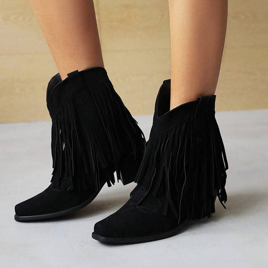 Cowboy Boot Embroidered Square Toe Chunky Heel Tassel Short Tube For Women $65.99 Dana Fashion Color: Black Size: 36 Women's shoes ข้อมูลผลิตภัณฑ์: ลวดลาย: สีทึบ วัสดุซับใน: ตาข่าย สี: ดำ, น้ำตาลเข้ม ความสูงส่วนบน: ด้านบนสูง ความสูง ส้น: ส้นสูง (6-8CM) รู