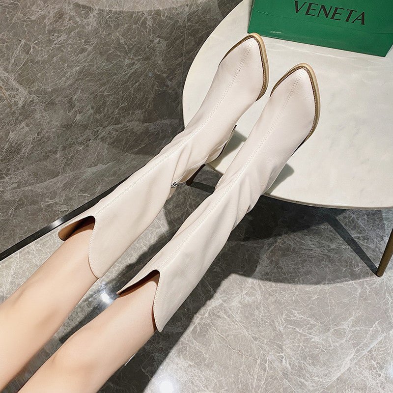 Cowboy Boots Women Retro Long Boots Pointed Toe $45.00 Dana Fashion Color: White Size: 35 style: Ordinary Women's shoes Product Information: Closed way: sleeve Pattern: plain Style: European and American Tube height: over the knee Heel height: middle heel