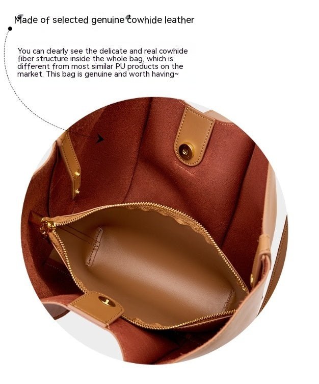 Cowhide Large Capacity Totes High-grade Women's Bag $139.00 Dana Fashion Color: Apricot Women's Bags Product information: Lining texture: Polyester Applicable scenarios: Daily matching Color: Brown, apricot Outer bag type: Sandwich pocket Leather characte