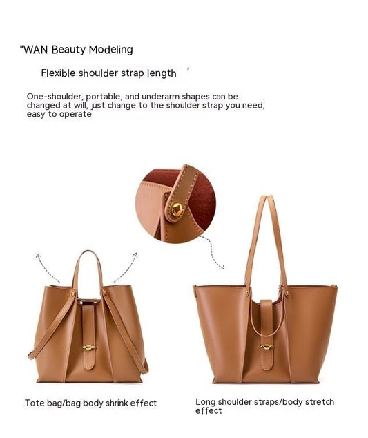 Cowhide Large Capacity Totes High-grade Women's Bag $139.00 Dana Fashion Color: Apricot Women's Bags Product information: Lining texture: Polyester Applicable scenarios: Daily matching Color: Brown, apricot Outer bag type: Sandwich pocket Leather characte