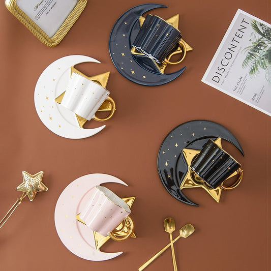 Creative Ceramic Cup With Star And Moon Saucer $47.32 Dana Fashion Color: Black Dana's Kitchen Product information: Material: Porcelain Color: four-color mixed pattern: plain Capacity: 120ML Packing list: 4*cup+4*dish+4*spoon*1set