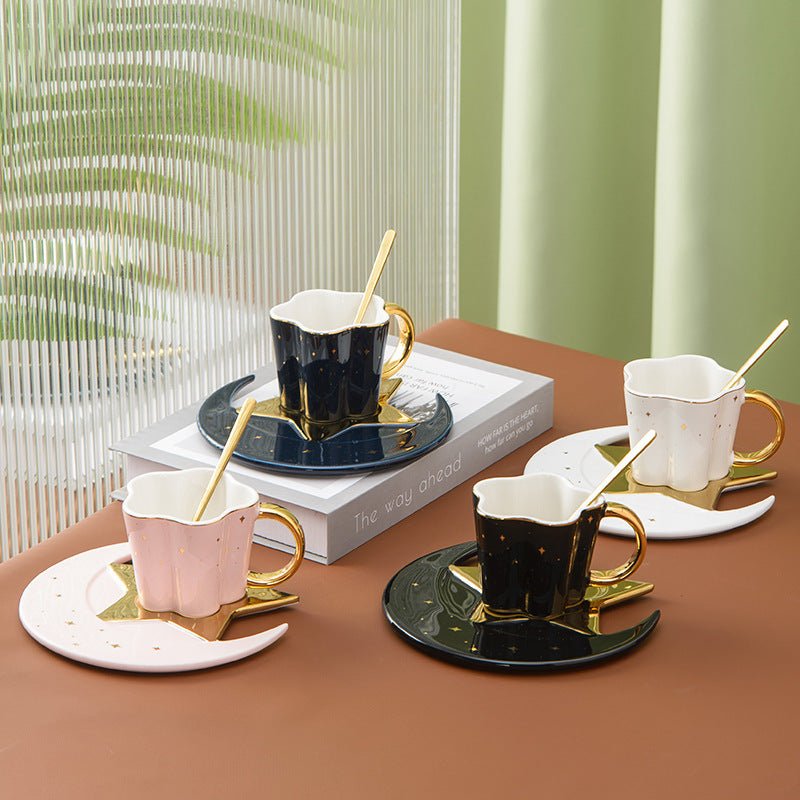 Creative Ceramic Cup With Star And Moon Saucer $135.53 Dana Fashion Color: Four color mixed Dana's Kitchen Product information: Material: Porcelain Color: four-color mixed pattern: plain Capacity: 120ML Packing list: 4*cup+4*dish+4*spoon*1set