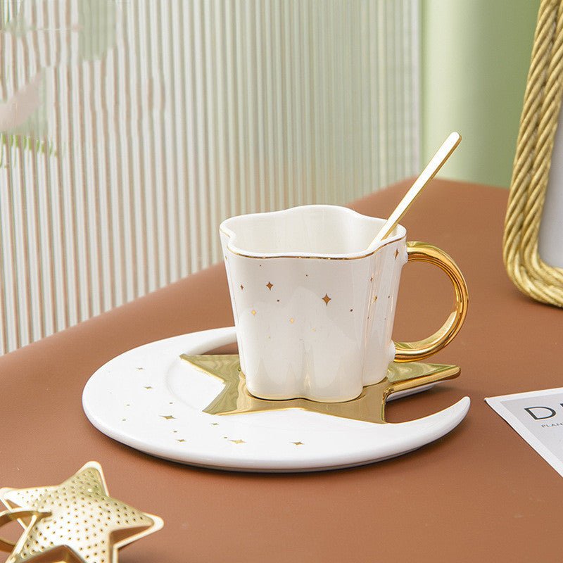 Creative Ceramic Cup With Star And Moon Saucer $129.66 Dana Fashion Color: White Dana's Kitchen Product information: Material: Porcelain Color: four-color mixed pattern: plain Capacity: 120ML Packing list: 4*cup+4*dish+4*spoon*1set