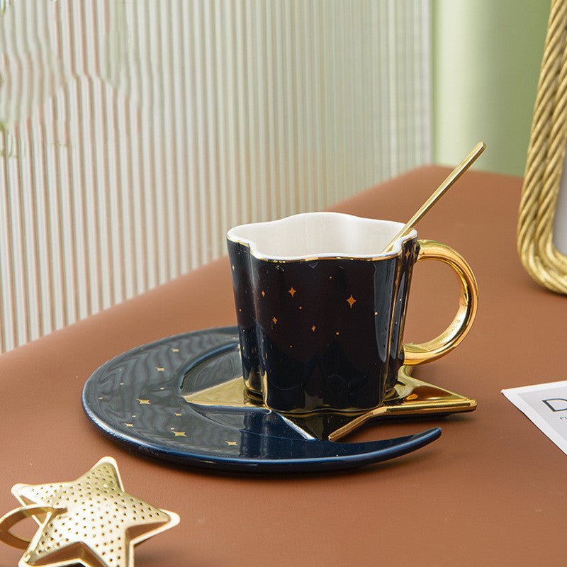 Creative Ceramic Cup With Star And Moon Saucer $88.06 Dana Fashion Color: Blue Dana's Kitchen Product information: Material: Porcelain Color: four-color mixed pattern: plain Capacity: 120ML Packing list: 4*cup+4*dish+4*spoon*1set