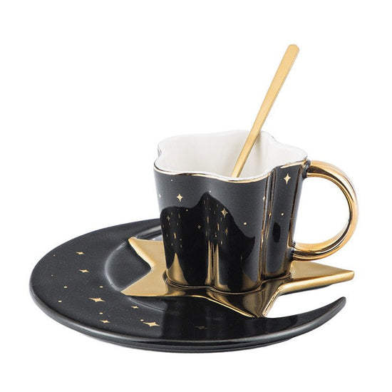 Creative Ceramic Cup With Star And Moon Saucer $47.32 Dana Fashion Color: Black Dana's Kitchen Product information: Material: Porcelain Color: four-color mixed pattern: plain Capacity: 120ML Packing list: 4*cup+4*dish+4*spoon*1set