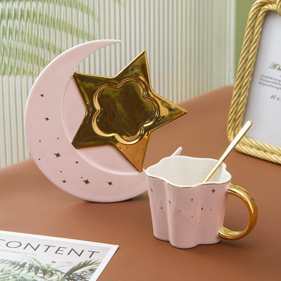 Creative Ceramic Cup With Star And Moon Saucer $47.32 Dana Fashion Color: Black Dana's Kitchen Product information: Material: Porcelain Color: four-color mixed pattern: plain Capacity: 120ML Packing list: 4*cup+4*dish+4*spoon*1set