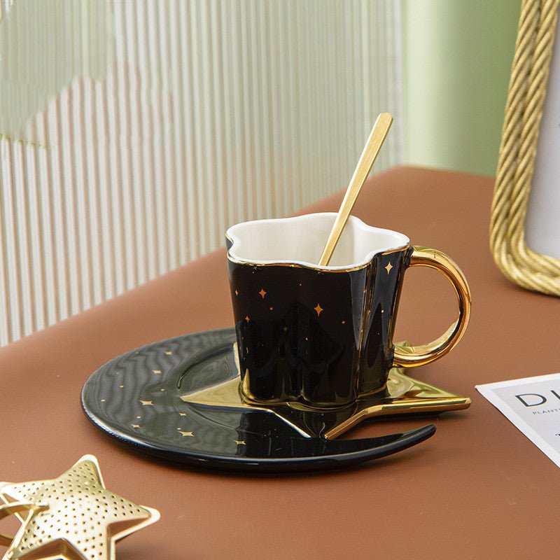 Creative Ceramic Cup With Star And Moon Saucer $47.32 Dana Fashion Color: Black Dana's Kitchen Product information: Material: Porcelain Color: four-color mixed pattern: plain Capacity: 120ML Packing list: 4*cup+4*dish+4*spoon*1set