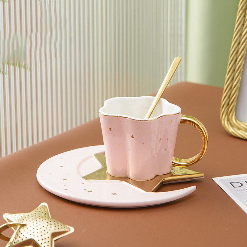 Creative Ceramic Cup With Star And Moon Saucer $47.32 Dana Fashion Color: Pink Dana's Kitchen Product information: Material: Porcelain Color: four-color mixed pattern: plain Capacity: 120ML Packing list: 4*cup+4*dish+4*spoon*1set