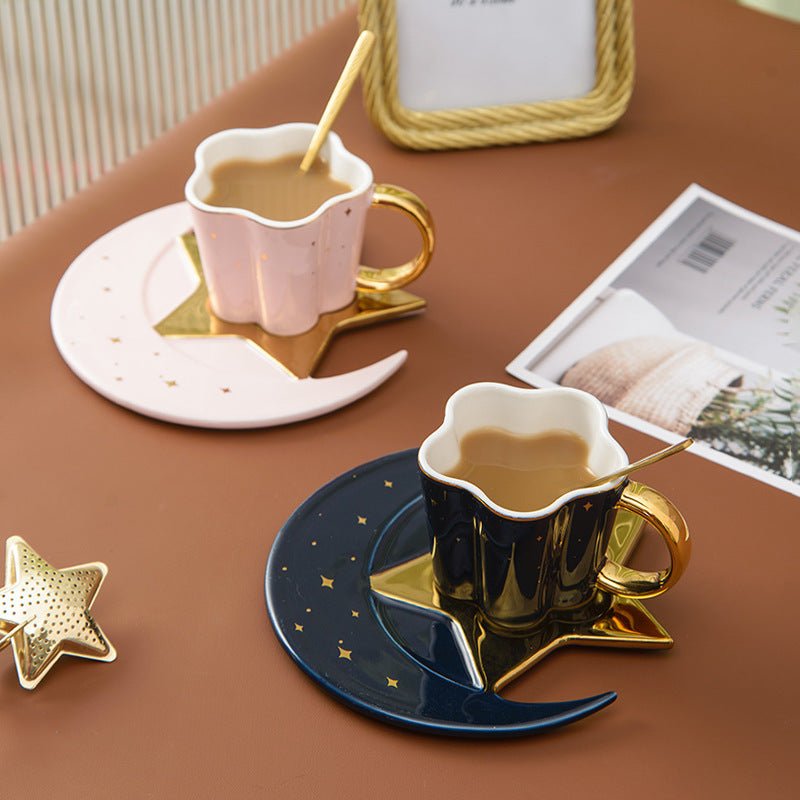 Creative Ceramic Cup With Star And Moon Saucer $47.32 Dana Fashion Color: Black Dana's Kitchen Product information: Material: Porcelain Color: four-color mixed pattern: plain Capacity: 120ML Packing list: 4*cup+4*dish+4*spoon*1set