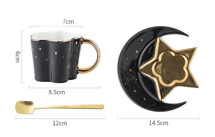 Creative Ceramic Cup With Star And Moon Saucer $47.32 Dana Fashion Color: Black Dana's Kitchen Product information: Material: Porcelain Color: four-color mixed pattern: plain Capacity: 120ML Packing list: 4*cup+4*dish+4*spoon*1set