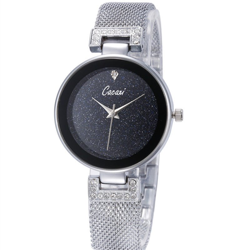 Creative Starry Sky Mesh Belt Waterproof Quartz Watch $38.93 Dana Fashion Color: Gold Women's Accessories Product information: Color: gold, silver, rose gold Thickness: 9mm Packing specification: Bubble Bag Applicable people: Female Style: Fashion Packing