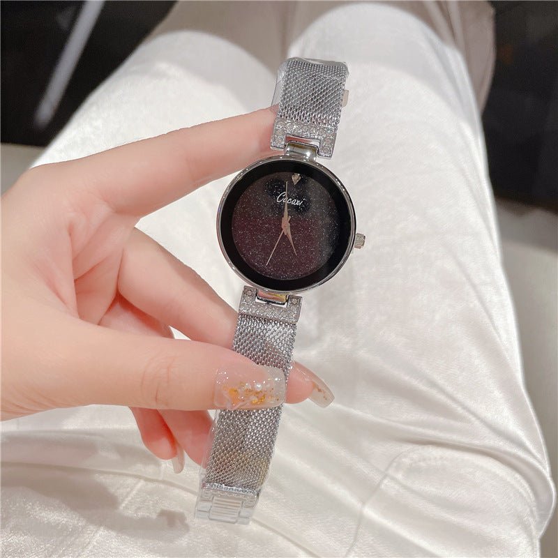 Creative Starry Sky Mesh Belt Waterproof Quartz Watch $38.93 Dana Fashion Color: Silver Women's Accessories Product information: Color: gold, silver, rose gold Thickness: 9mm Packing specification: Bubble Bag Applicable people: Female Style: Fashion Packi
