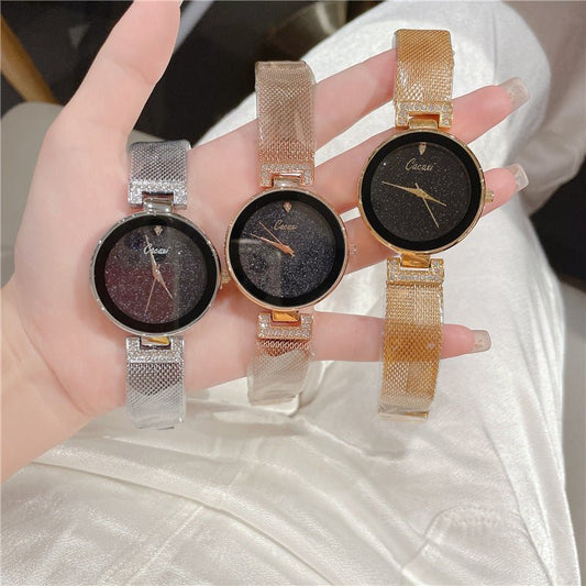 Creative Starry Sky Mesh Belt Waterproof Quartz Watch $38.93 Dana Fashion Color: Gold Women's Accessories Product information: Color: gold, silver, rose gold Thickness: 9mm Packing specification: Bubble Bag Applicable people: Female Style: Fashion Packing