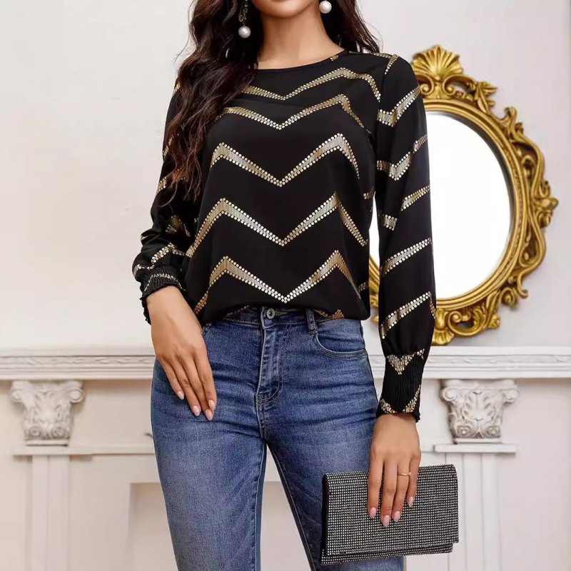 Crew Neck Casual Pleating Long Sleeve Shirt $41.31 Dana Fashion Color: Black Size: L Women's clothing Product information: Fabric name: Polyester Color: Black Main composite material: Polyester (polyester fiber) Size: S,M,L,XL,XXL Style type: temperature