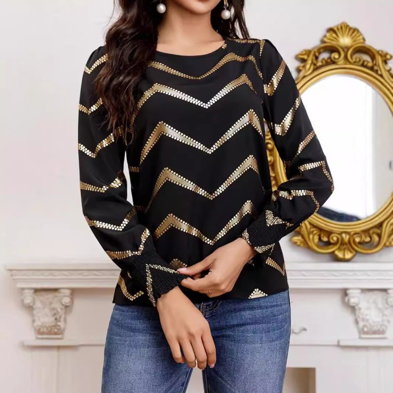 Crew Neck Casual Pleating Long Sleeve Shirt $41.31 Dana Fashion Color: Black Size: L Women's clothing Product information: Fabric name: Polyester Color: Black Main composite material: Polyester (polyester fiber) Size: S,M,L,XL,XXL Style type: temperature