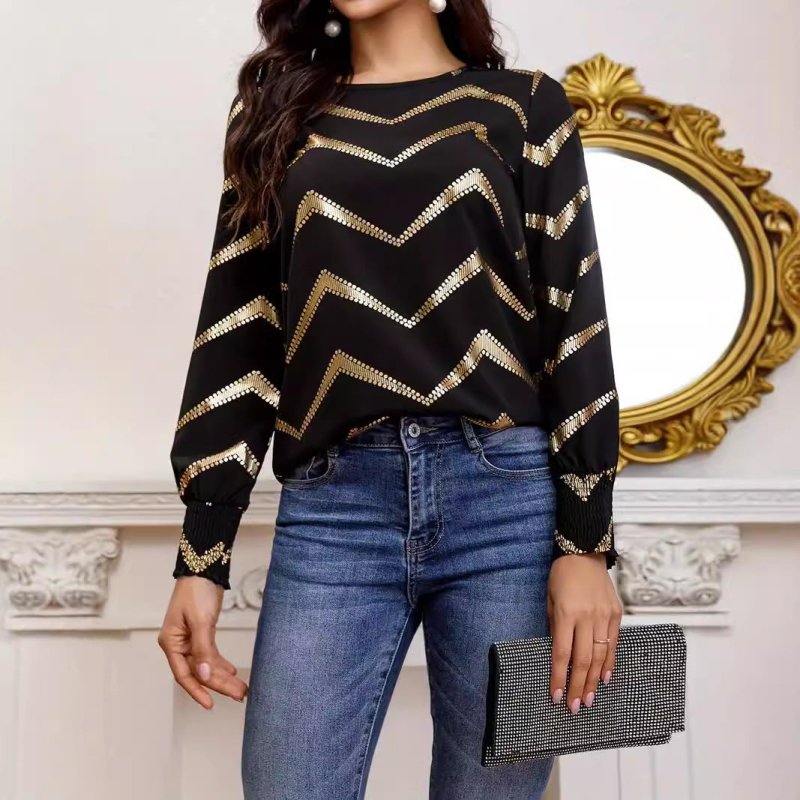 Crew Neck Casual Pleating Long Sleeve Shirt $41.31 Dana Fashion Color: Black Size: L Women's clothing Product information: Fabric name: Polyester Color: Black Main composite material: Polyester (polyester fiber) Size: S,M,L,XL,XXL Style type: temperature
